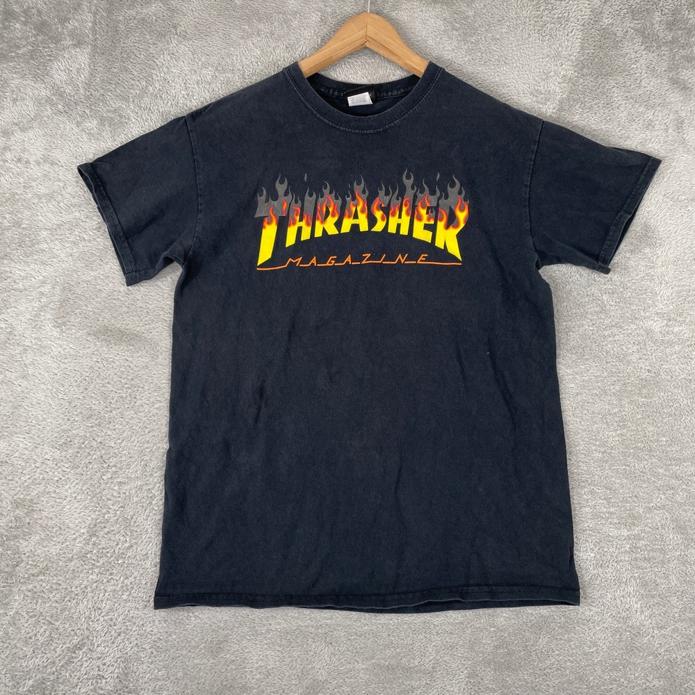 Thrasher Magazine Shirt Mens Medium Black Flame Logo Skate Streetwear Y2K